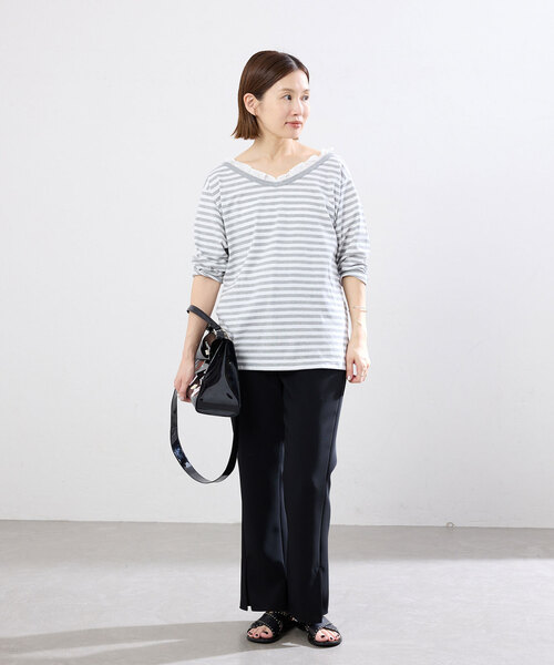 イエナ　カットソー IENA（イエナ） tシャツ BLACK フリル付きボーダーカットソー