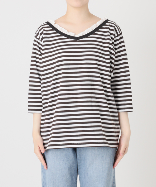 IENA（イエナ） tシャツ BLACK フリル付きボーダーカットソー