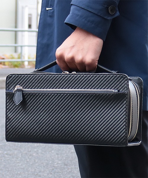 クラッチバッグ カーボン加工ダブルファスナーセカンドバッグ