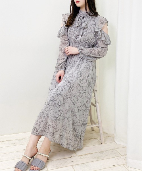 【PHASE EIGHT】ドット×フリル♪可憐シフォンワンピース シフォン ワンピース 長袖 水玉 ドット柄 きれいめ ロング