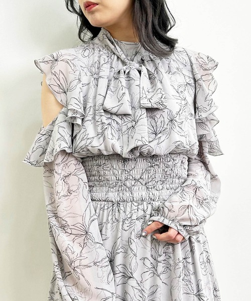 INGNI ワンピース レディース 肩開きフリル花柄シフォン