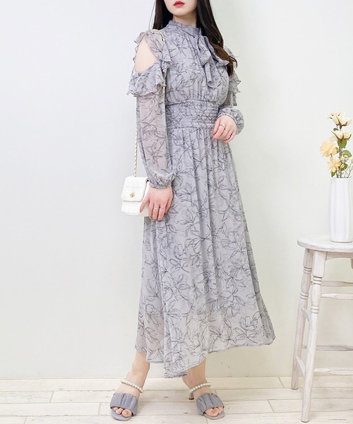 Adrianna Papell☆フェミニン花柄シフォンワンピース 小花柄シフォンワンピース ロングワンピース フリル[品番