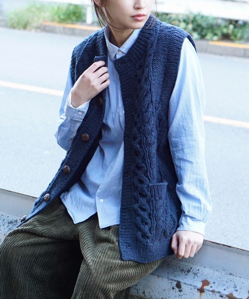HARVESTY（ハーベスティ） ベスト ジレ CABLE KNIT VEST 手編み