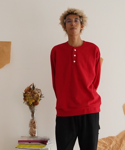 新品 TBCHAOS KNIT HANTEN RED Lサイズ Healthknit トレーナー スウェット CLASSIC SWEAT HENLEY L/S