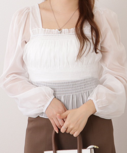 【BANFF】ブラウンレザーシャツ フリル付き Lace Ladies ブラウス シャツ スクエアネックギャザーフリル長袖