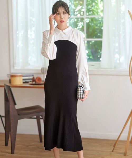 ワンピとマント風トップスのコンビ 全方位 好印象】シャツコンビリブニット ワンピース / any SiS L