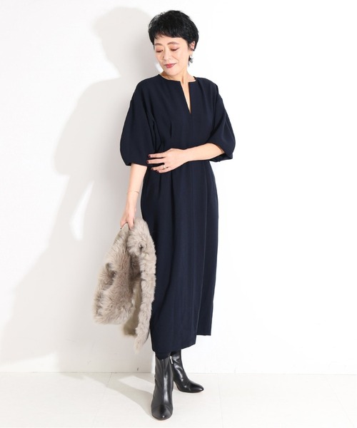 VERMEIL par iena」 7分袖ワンピース 38 ネイビー レディース 