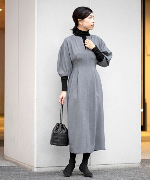 VERMEIL par iena」 7分袖ワンピース 38 ネイビー レディース 
