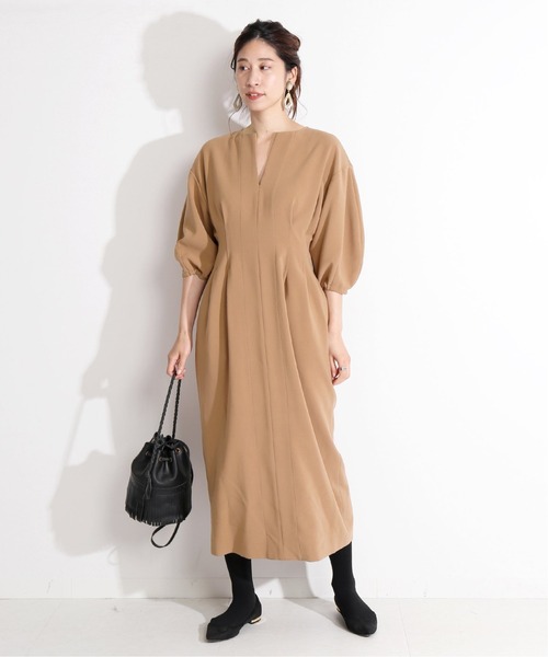 VERMEIL par iena」 7分袖ワンピース 38 ネイビー レディース 