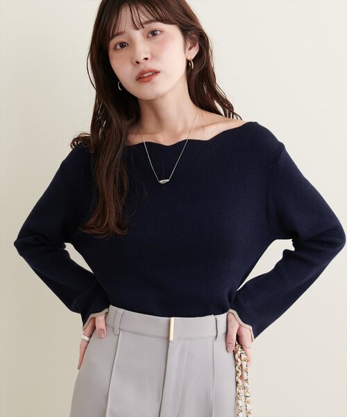 ニット セーター スカラップニット レディース natural couture ニット セーター 袖口配色スカラップニット