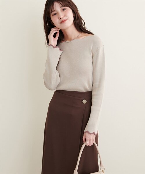 ニット セーター スカラップニット レディース natural couture ニット セーター 袖口配色スカラップニット