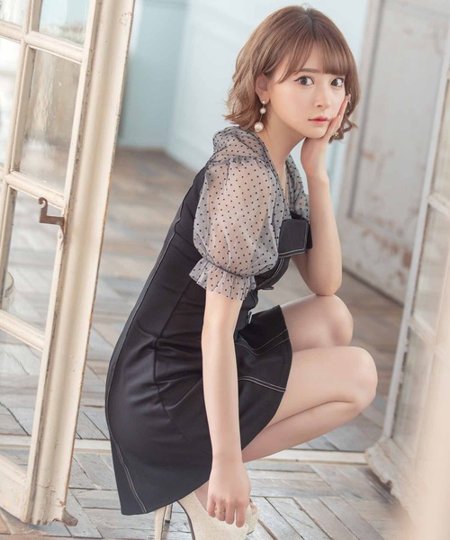 Tika（ティカ） ドレス キャバドレス ミニ フレア 半袖 ドット柄シアー