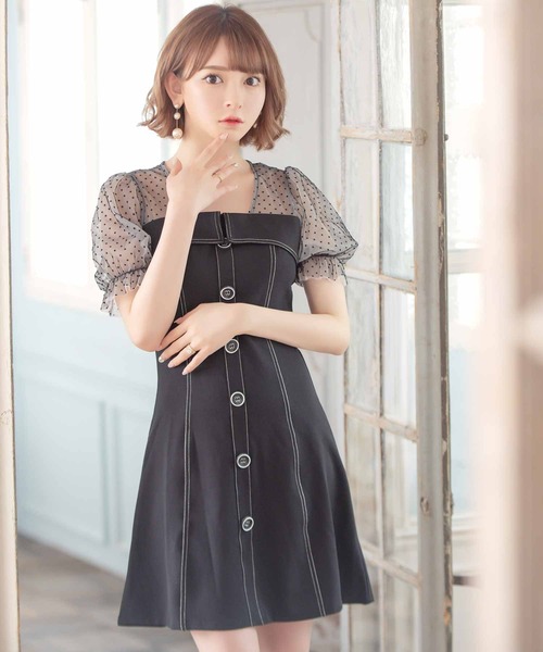 Tika（ティカ） ドレス キャバドレス ミニ フレア 半袖 ドット柄シアー