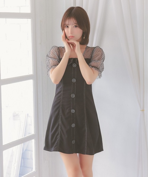 Tika（ティカ） ドレス キャバドレス ミニ フレア 半袖 ドット柄シアー