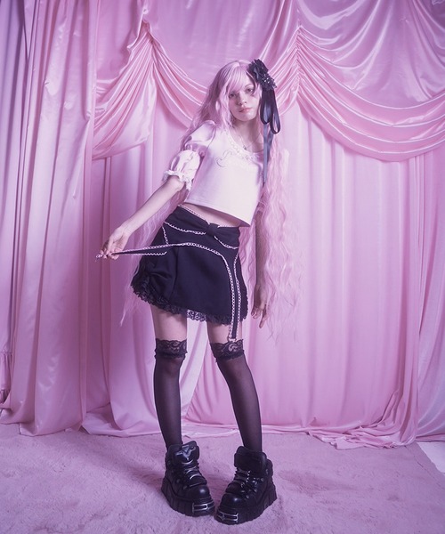 AVENCHUMU スカート Side ribbon ＆ frill back ribbon skirt