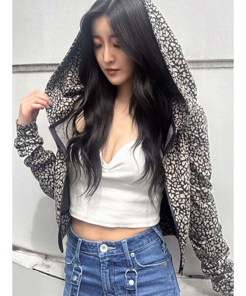 パーカー leopard printショートパーカー レディース