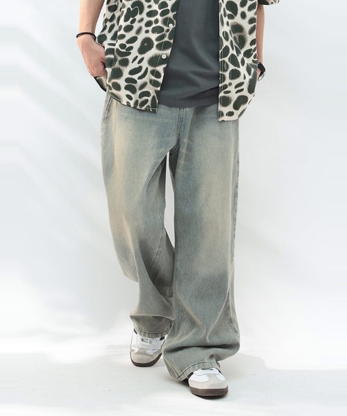 ワイドレッグ デニムパンツ M〜2XL ジップフライ MASONPRINCE ジーンズ 裾ダメージワイドシルエットデニムパンツ