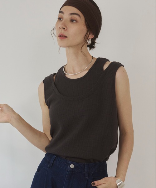 ANGIE タンクトップ ノースリーブ ワッフルフェイクレイヤード