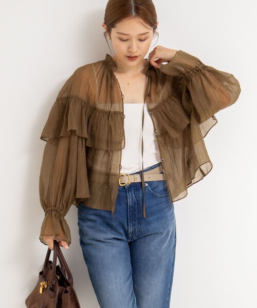 極美品　ノーリーズ　フリルブラウス　ブラウン　38 NOLLEY'S（ノーリーズ） ブラウス シャツ シアー楊柳フリルブラウス