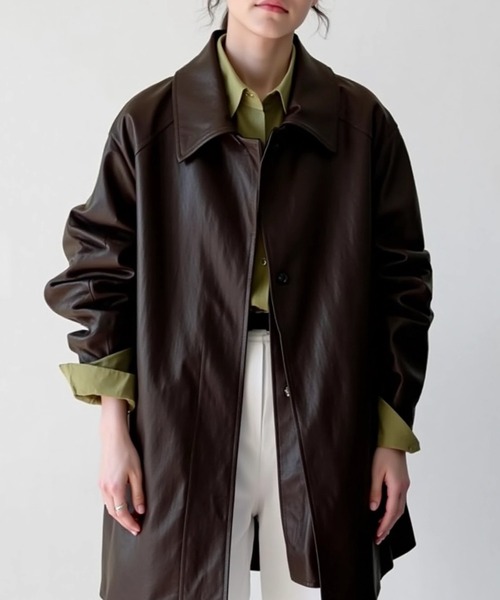 cammie コート アウター リボンベルト付きフェイクレザージャケット