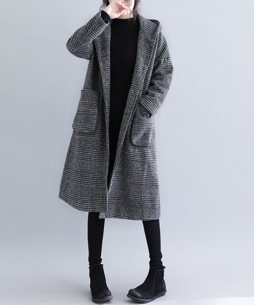 ピーコート pコート 千鳥格子ツイード調ミドルフードコート レディース