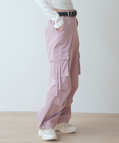 WORKS ワイドパンツ カーゴパンツ スタッズベルト付 紐垂れカーゴ 