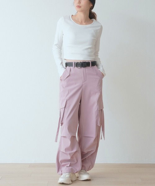 ✨美品✨　FR2 梅　カーゴパンツ　ジッパー　ベルト　ドローコード　ピンク WORKS ワイドパンツ カーゴパンツ スタッズベルト付 紐垂れカーゴ