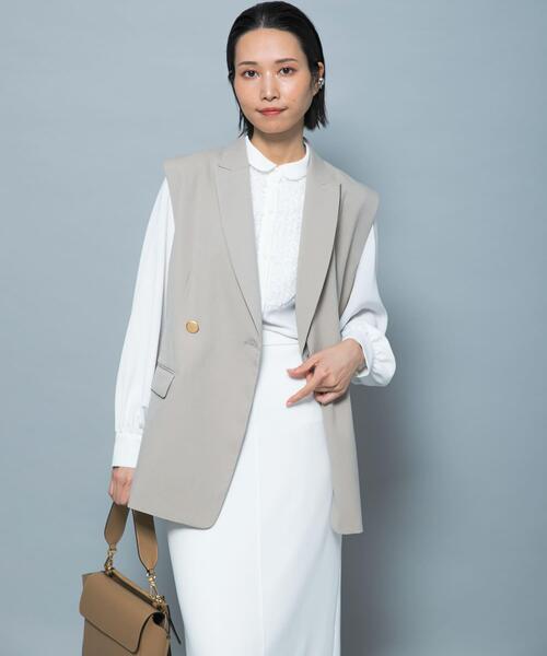 【ベージュ系その他】防シワシャンブレーツイルダブルジレ ベスト ジレ 防シワシャンブレーツイルダブルジレ レディース
