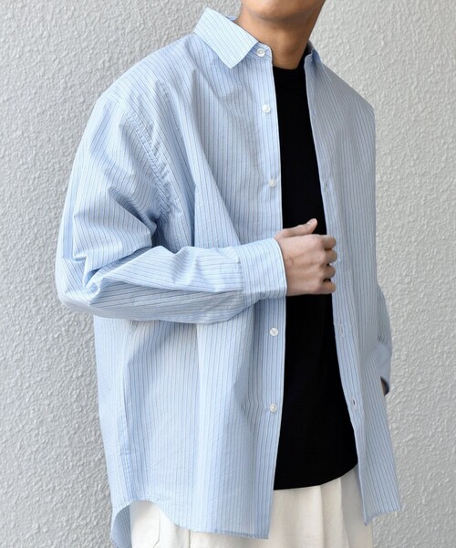 SHIPS any シャツ any: JAPAN MADE ブルー ストライプ/ソリッド