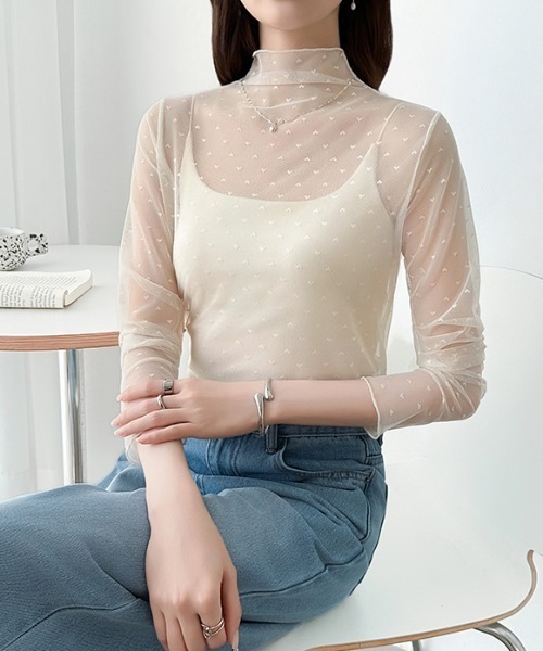 COCOMOMO tシャツ 一枚でも重ねても甘すぎない ハート柄シアートップス