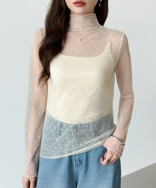COCOMOMO tシャツ 一枚でも重ねても甘すぎない ハート柄シアートップス 
