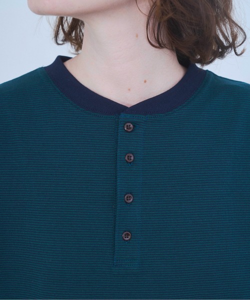 〇〇 特価 toujours インディゴボーダーヘンリー シャツF Zooodle ヘンリーネック tシャツ Border henley-neck T-shirt