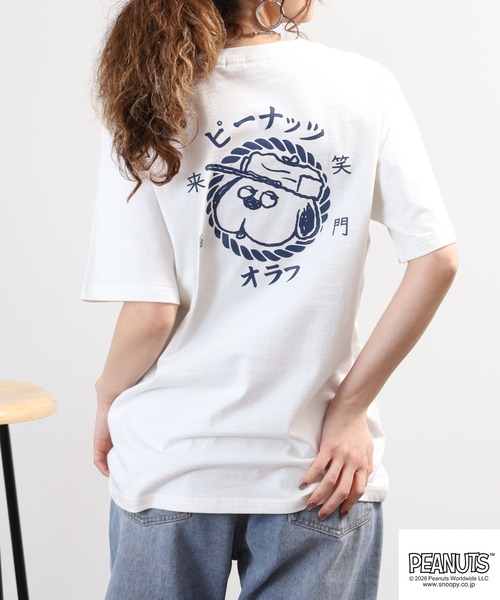 PEANUTS tシャツ 帆前掛け風オラフ柄プリント天竺Tシャツ 半袖