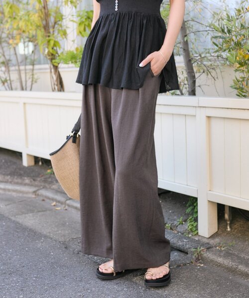 【極太ダブル】TRUST リネンレーヨン ツータックスラックス 黒 W38 RIVE DROITE（リヴドロワ） スラックス パンツ リネンライクタック