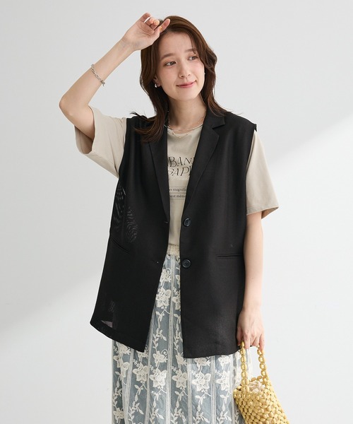 Ameri VINTAGE【美品】フレンチスリーブ☆ノーカラーベスト☆ジレ☆黒 Green Parks（グリーンパークス） ベスト ジレ メッシュフレンチ