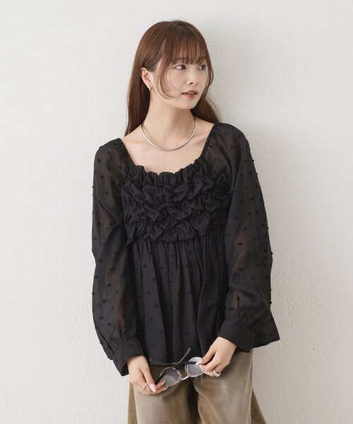 今季新品★mystic ふわふわシャーリングチュニック【ブラック ドット】 mystic（ミスティック） ブラウス シャツ 長袖ふわふわシャーリング