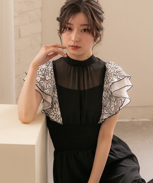 birei パーティードレス ドレス 刺繍レースフリルスリーブドレス 