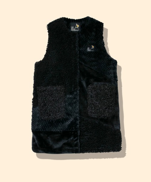 go slow caravan ボアファーMIXパッチワークコート　ブラック新品 go slow caravan｜ボアファーMIXパッチワークコート (WOMENS