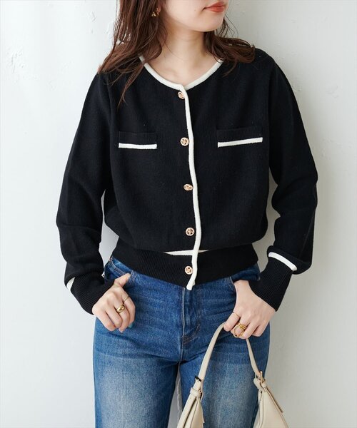 natural couture カーディガン バイカラー金釦カーデ レディース