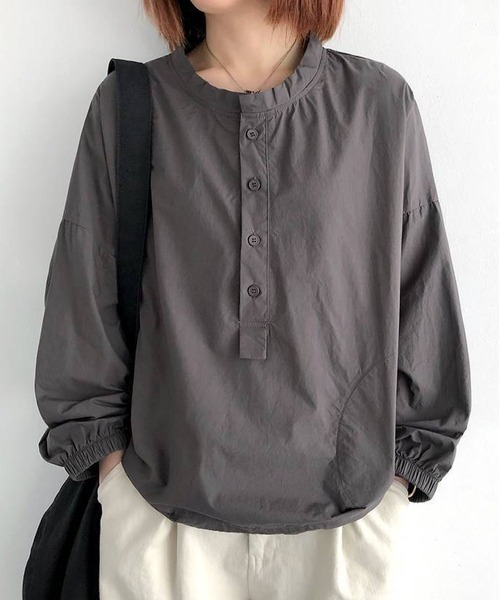 BLANC FICELLE ブラウス シャツ スタンドカラーヘンリーネックブラウス