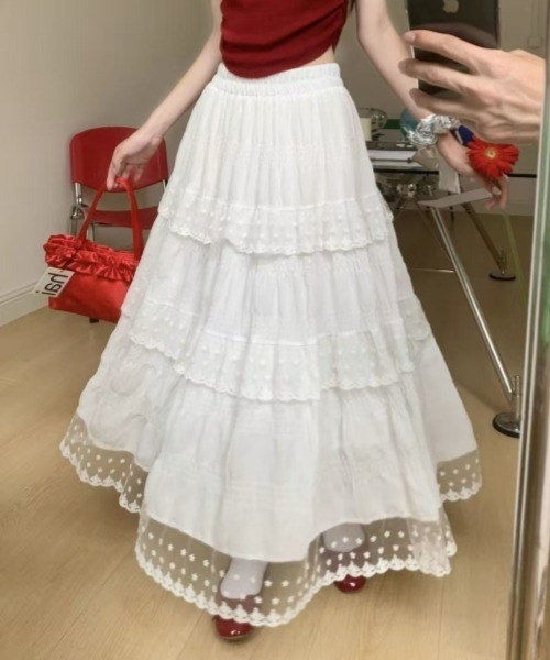 【最終値下げ】riliy vintageホワイトレースフリルロングスカートタグ付 gossip!ロサンゼルス スカート レースフリルティアードスカート