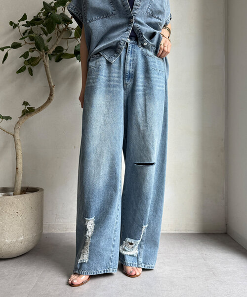 やぁー★DOUDOU★ミドルオンスダメージデニム DouDou（ドゥドゥ） ジーンズ デニム デニムパンツ ミドルオンス