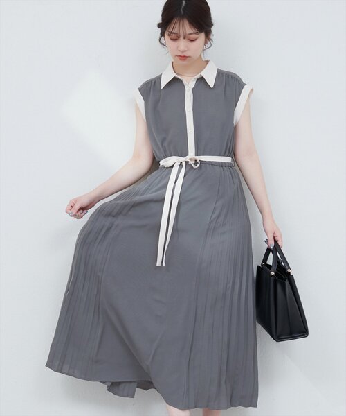 natural couture ワンピース サイドプリーツ配色デザインワンピース