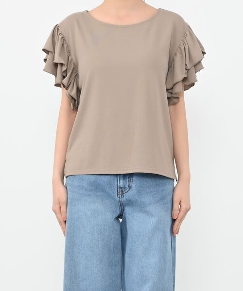 tシャツ 「接触冷感」フリルスリーブシアーカットトップス 「低身長・小柄女性」 レディース tシャツ 「接触冷感」フリルスリーブシアーカットトップス 「低