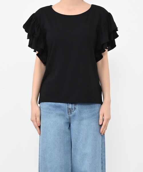 tシャツ 「接触冷感」フリルスリーブシアーカットトップス 「低身長・小柄女性」 レディース tシャツ 「接触冷感」フリルスリーブシアーカットトップス 「低