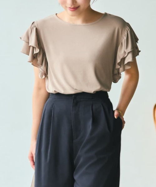 tシャツ 「接触冷感」フリルスリーブシアーカットトップス 「低身長・小柄女性」 レディース tシャツ 「接触冷感」フリルスリーブシアーカットトップス 「低