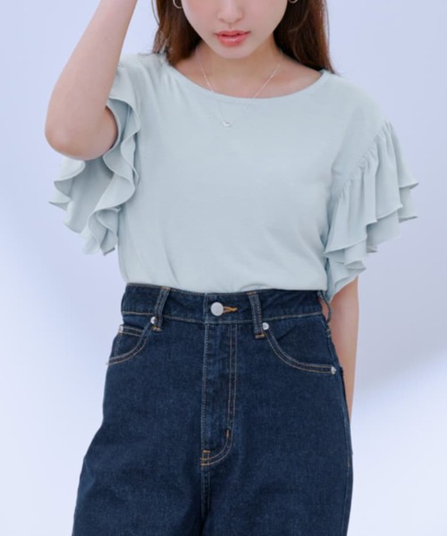 tシャツ 「接触冷感」フリルスリーブシアーカットトップス 「低身長・小柄女性」 レディース tシャツ 「接触冷感」フリルスリーブシアーカットトップス 「低