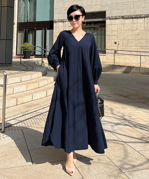 ジェンヌ ボートネック フレアワンピース ネイビー フォーマル M