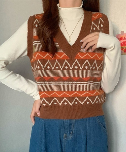 shoppinggo ベスト ジレ ベストVネック トップス ノルディック柄 韓国 