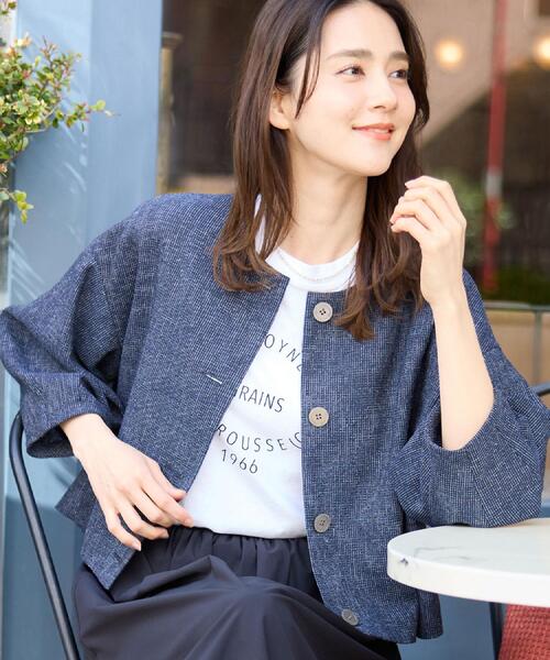 美品　リフレクト　ノーカラー　セミダブルジャケット麻混　9号 Reflect（リフレクト） ジャケット ノーカラージャケット